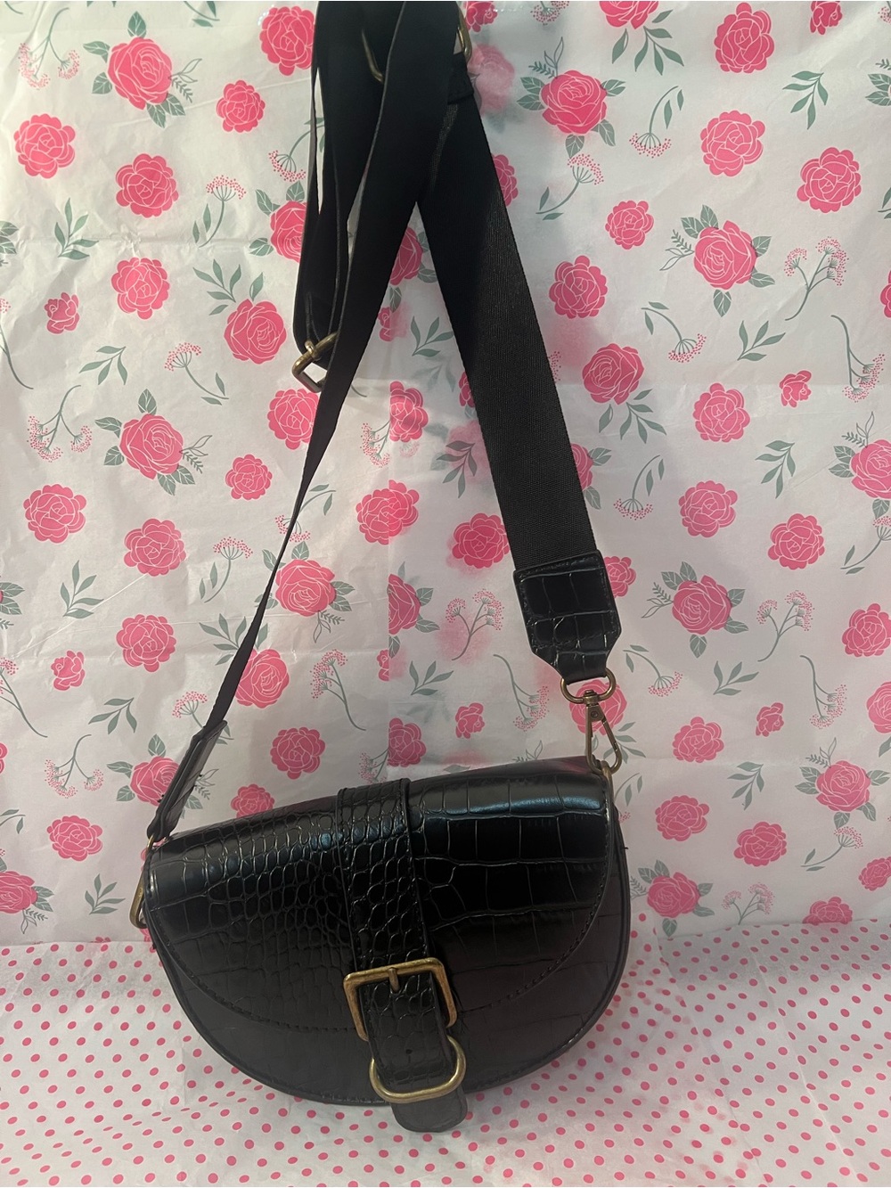 Black Croc-Embossed Crossbody Saddle Bag with Buckle Strap